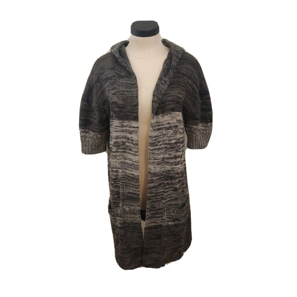 Tulle Women's Long Cardigan Sweater Short Sleeve Size L Striped Gray Hooded.
